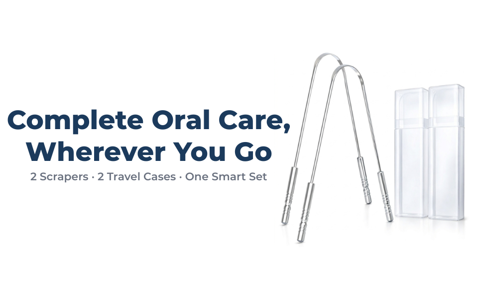 Two stainless steel tongue scrapers and two clear travel cases on white background