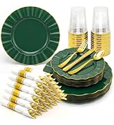 175 PCS Green Plastic Dinnerware Set for 25 Guests Pink Disposable Plastic Plates Heavy Duty Scal...
