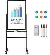 TANKEE Rolling Whiteboard, Height Adjustable Standing Whiteboard on Wheels, 40x24 Inches Magnetic...