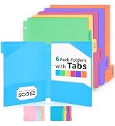 Sooez Plastic Folders with Pockets and Tabs, 6 Pack Pocket Folders with Writable Label Stickers, ...