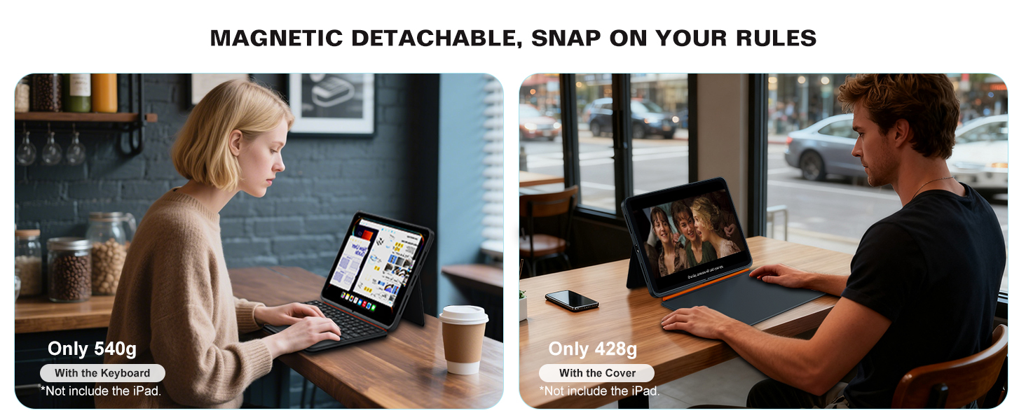 Text reads 'MAGNETIC DETACHABLE, SNAP ON YOUR RULER'. Split image showing laptop usage scenarios demonstrating magnetic ruler attachment feature.