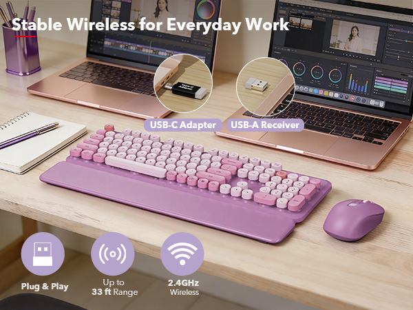 Plug-and-play 2.4GHz wireless with USB-A receiver and USB-C adapter delivers a stable connection