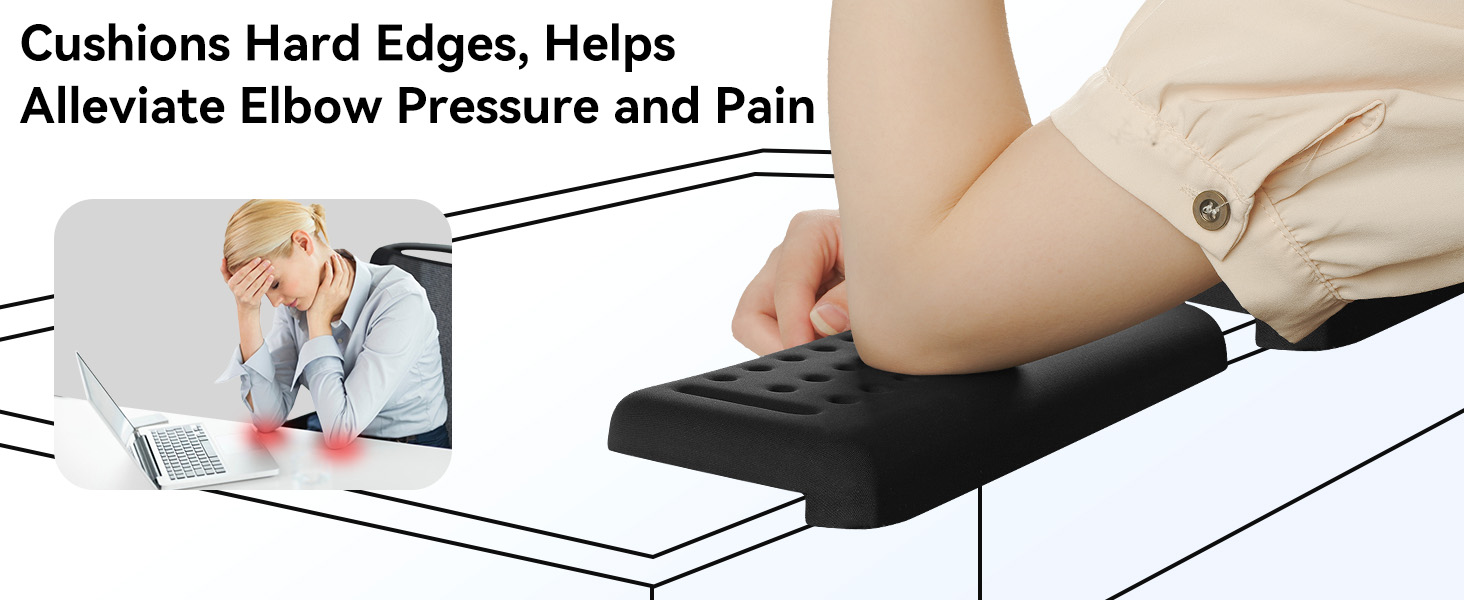 Text reads 'Cushions Hard Edge, Helps Alleviate Elbow Pressure and Pain.' Sequence showing ergonomic arm support pad being used with computer mouse, demonstrating proper positioning.