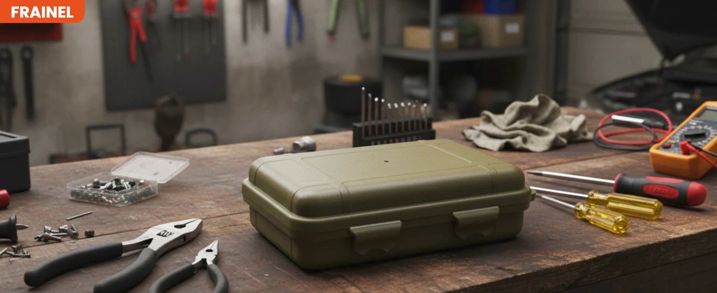 Case on wooden workbench with tools and multimeter