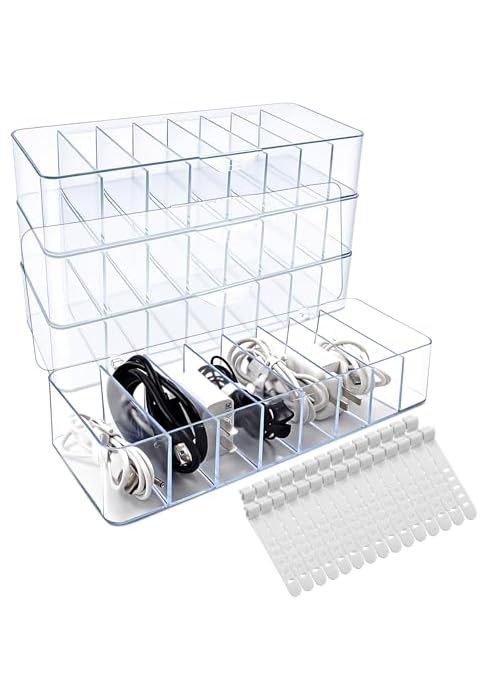 Cheardia 4 Pack Cable Storage Organizer, 10 In Plastic Cord Storage Box with 30 Wire Ties, Clear ...