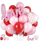 Red Pink Balloons, 50pcs Red And Pink Balloons With Love Checkered Heart Foil Balloon For Valenti...