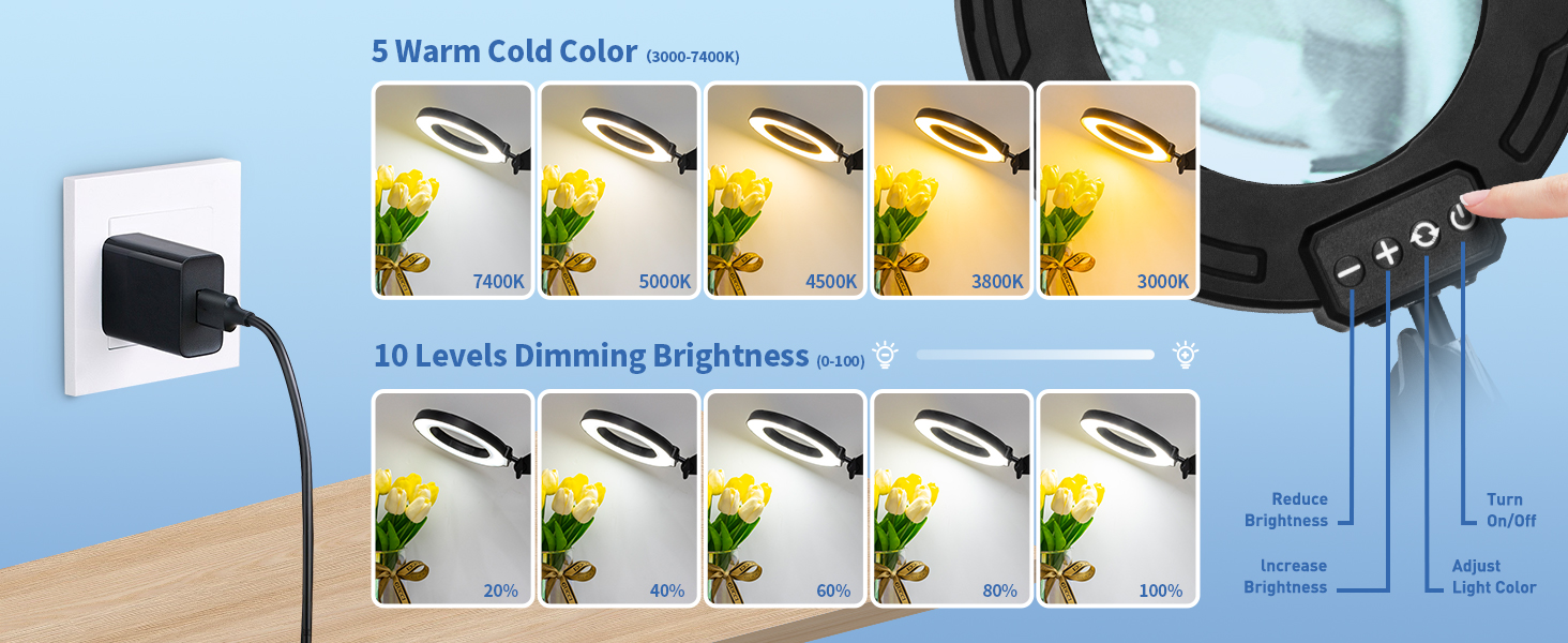 5 color modes and infinite dimming workbench light lighted magnifier magnifying light