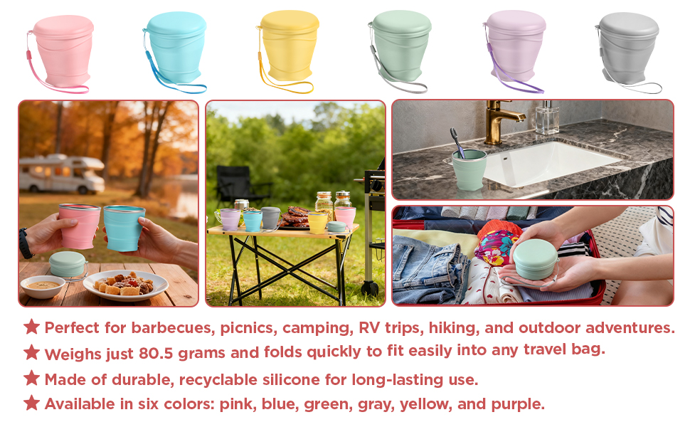 Silicone Collapsible Travel Cup with Dustproof Lid, 8.8 Oz/260ml, BPA-Free, Portable, Reusable