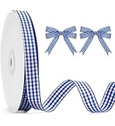 KINGLAKE Blue Gingham Ribbon - 5/8'' x 50 Yards Blue and White Ribbon for Gift Wrapping Polyester...