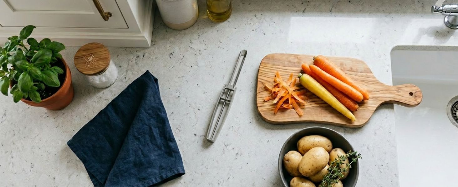 Carrots on a cutting board in a bright kitchen