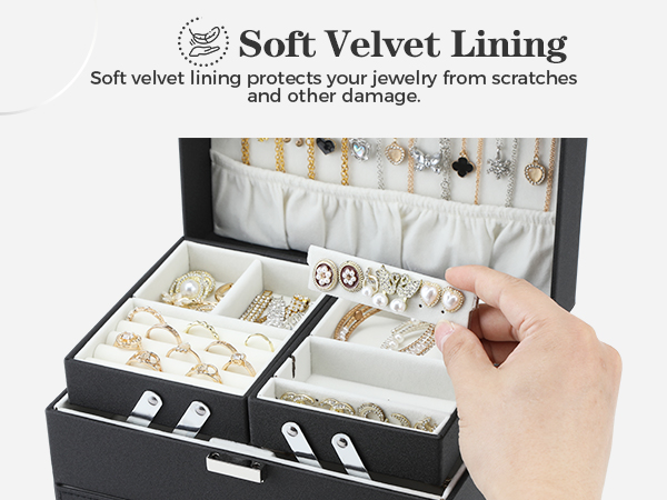 Anti-tarnish velvet lining jewelry box, soft scratch-resistant interior for rings and watches
