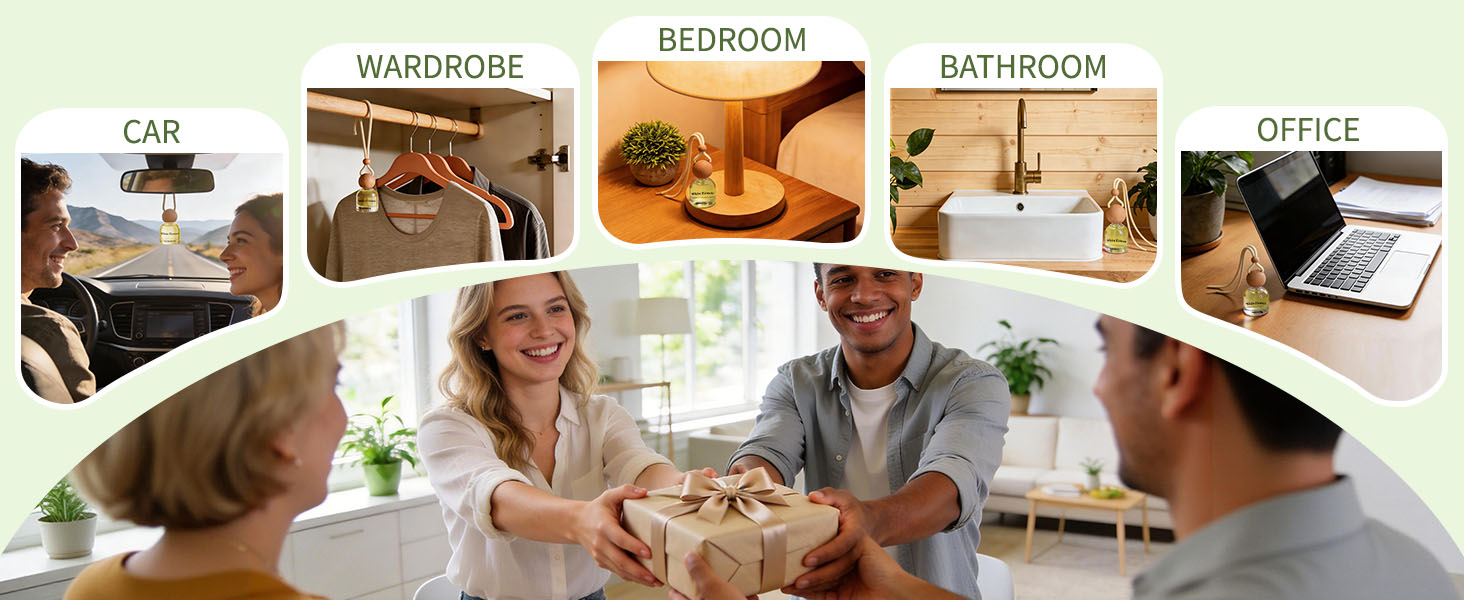 Multi-panel image showing different room scenarios: BEDROOM, BATHROOM, KITCHEN, LIVING ROOM, OFFICE. Shows various use cases in home environment.