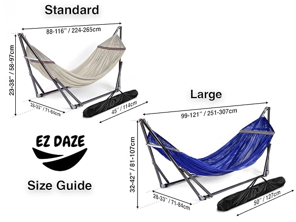 Standard and Large Hammocks dimension guides with carry bags shown