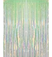 Iridescent Green Party Streamers Backdrop - 2 Pack 3.31 x 6.6 ft Neon Transparent Holographic Tin...