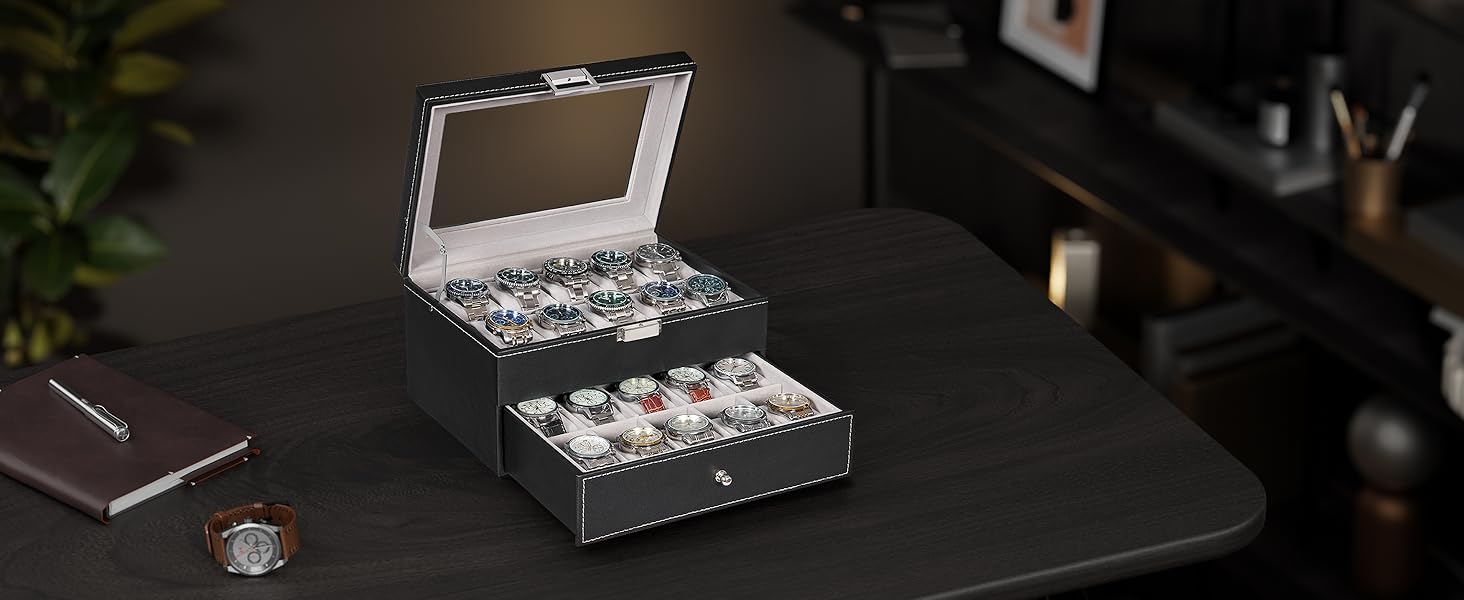 Watch Case, 20-Slot Watch Box for Men, 2-Layer Watch Display Case with Large Glass Lid