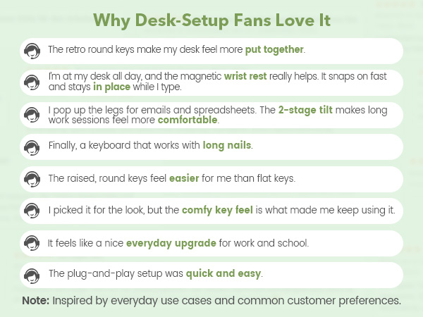 Green retro keyboard highlights round keys, magnetic wrist rest, and easy setup.