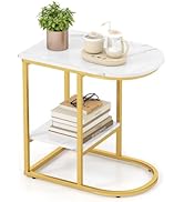 Giantex C Shaped End Table, Modern Sofa Side Table with Faux Marble Tabletop & Storage Shelf, Sli...