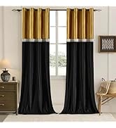 GIGIZAZA Gold Black Velvet Curtains for Living Room 84 Inches 2 Panels Set Window Treatment Vinta...