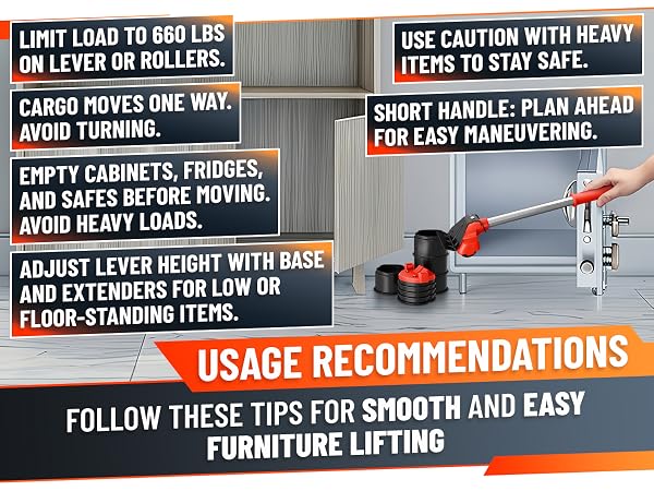 heavy furniture mover tool with red sliders and rollers lifting system for safe transportation