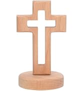 WADORN Wood Cross Statue with Stand, Spiritual Christian Holy with Hollow Out Wood Crafted Cross ...