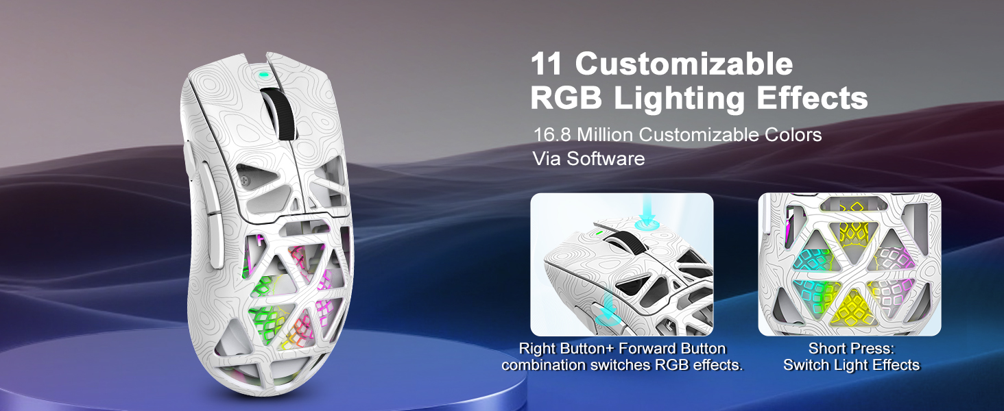 RGB gaming mouse with 11 lighting effects and 16.8 million customizable colors.