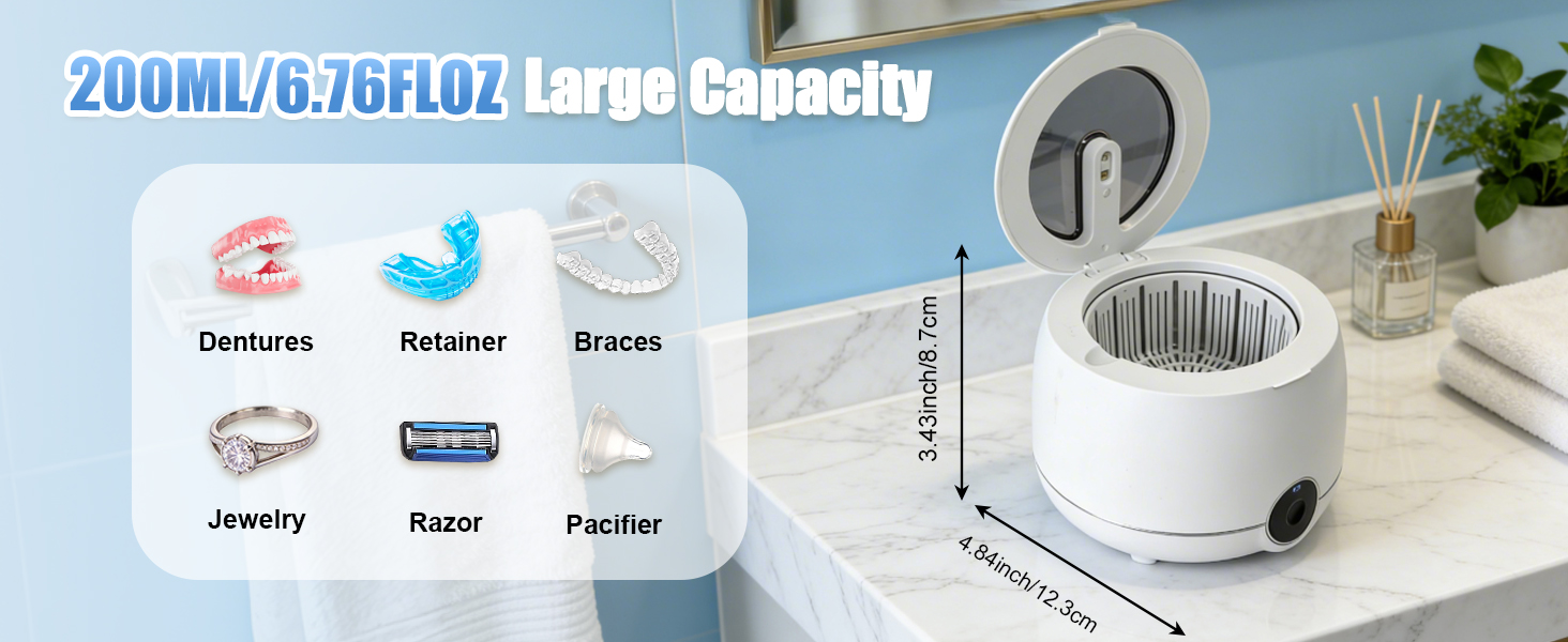 Compact ultrasonic dental pod with a 200ml capacity.