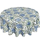 Boho Round Tablecloth 70 Inch Blue Green Vintage Floral Table Cloth Chinoiserie Flower Spring Sum...