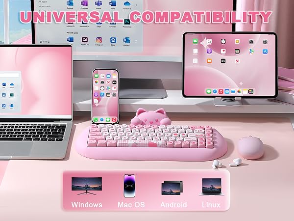 Text reads "UNIVERSAL COMPATIBILITY". Pink wireless keyboard and mouse displayed with laptop, smartphone, and tablet on desk setup. Text labels show "Windows", "Mac OS", "Android", "iPad" compatibility.
