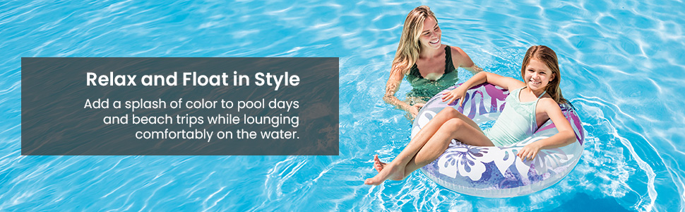 A girl lounging on an inflatable pool float. Text reads: Relax and float in style.