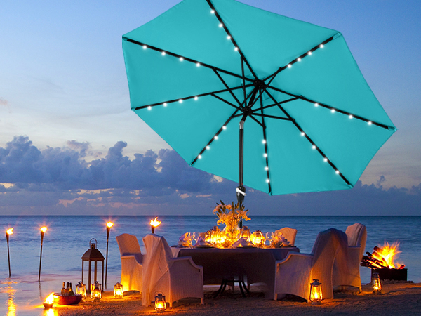 Turquoise Durable Solar Led Patio Umbrellas