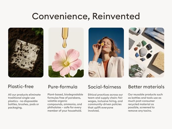 Text reads 'Convenience, Reinvented'. Product features infographic showing icons for 'Plastic-free', 'Pure formula', 'Social fairness', 'Better materials'.