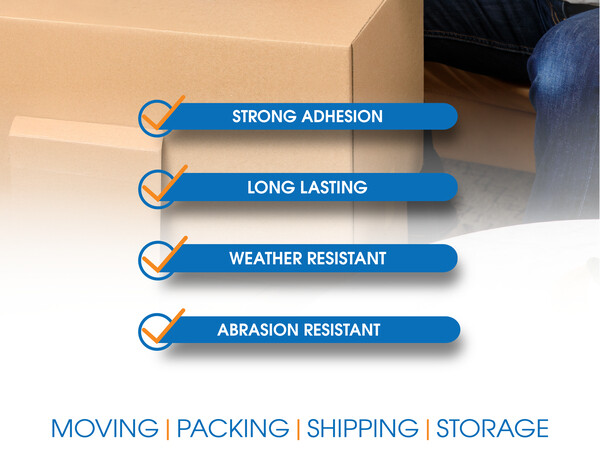 Text describes the strong weather and abrasion-resistant adhesive for moving, shipping, and storage