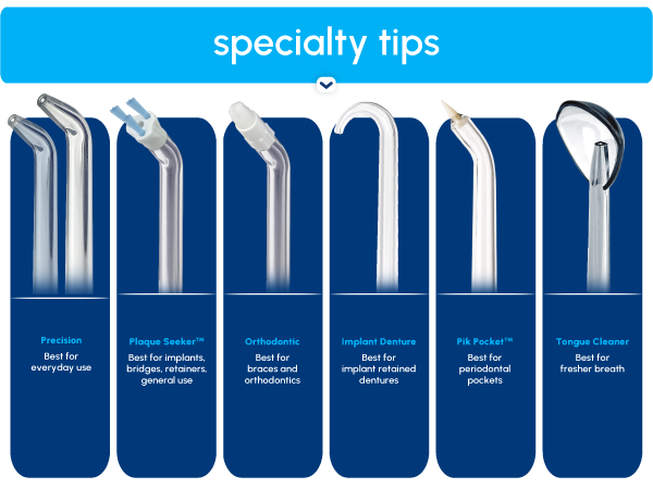 Image of Waterpik tips with text reading specialty flossing tips.