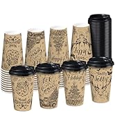 RUSPEPA Disposable Paper Coffee Cups with Lids 16 oz - 48 Pack Christmas Black Design Printed Pap...