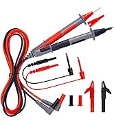 Multimeter test lead kit with red and black probes, alligator clips, and banana plug cables. Various attachments for electrical testing and measurement.