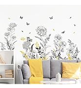 Black Yellow Flower Wall Decals Sketch Garden Floral Wall Stickers Simple Line Art Wildflower Yel...