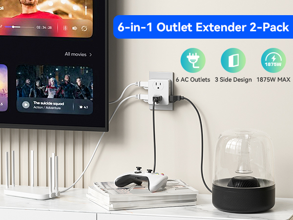 6 in 1 Outlet extender splitter with 4 side AC outlets