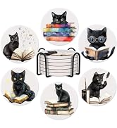 6Pcs Cat Coasters with Holder, Funny Cat Reading Books Ceramic Round Absorbent Coaster for Drink ...