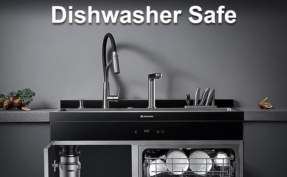 Modern kitchen setup with open dishwasher showing clean dishes, sink with high-end faucet, and under-sink water filtration system. Text 'Dishwasher Safe' visible above.