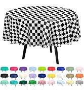 QIKSION 2 Pack Black and White Checkered Plastic Tablecloth Disposable Circle Table Covers Black ...