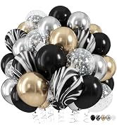 Black Gold Silver Balloon Set, 12 Inch Marble Black and Metallic Chrome Gold Silver with Clear St...