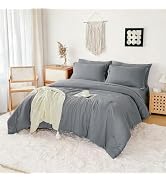 FMLIUY Double Brushed Micorfiber Queen Comforter Set Silver Gray - 7-Piece Bed in a Bag, All-Seas...