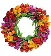 U'Artlines 20 Inch Tulip Wreath for Front Door, Spring Summer Silk Wreath with Green Leaves Artif...