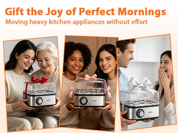 Text reads 'Gift the Joy of Perfect Mornings' and 'Moving heavy kitchen appliances without effort'. Three lifestyle photos showing people of various ages holding stainless steel kitchen appliances with handles, displaying product portability and ease of use.