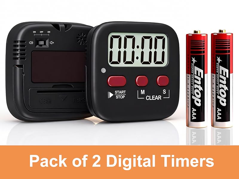 Text reads 'Pack of 2 Digital Timers'. Black digital timer with LCD display showing '00:00' and red buttons, accompanied by two Energizer batteries.