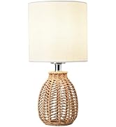 KUNJOULAM Rattan Table Lamp, Small Nightstand Lamp with Linen Fabric Lampshade, Desk Lamp Bedside...