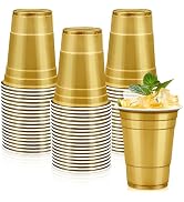 LANLISA 50 Gold Plastic Cups, 16 oz Disposable Cups, Drinking Cups For Party Supplies
