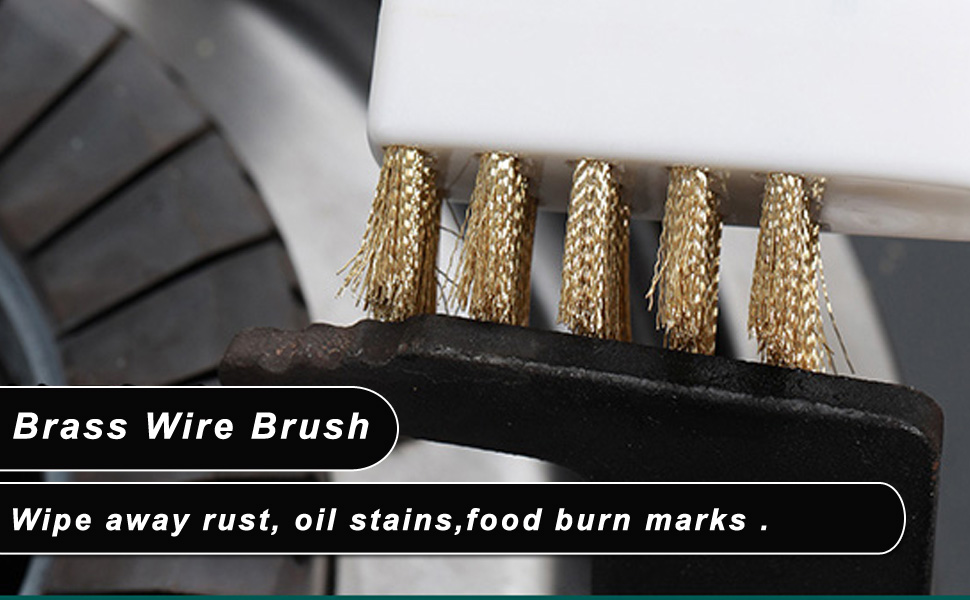 Brass wire brush +nylon brush on one side and stainless steel nail + spatula on another side.