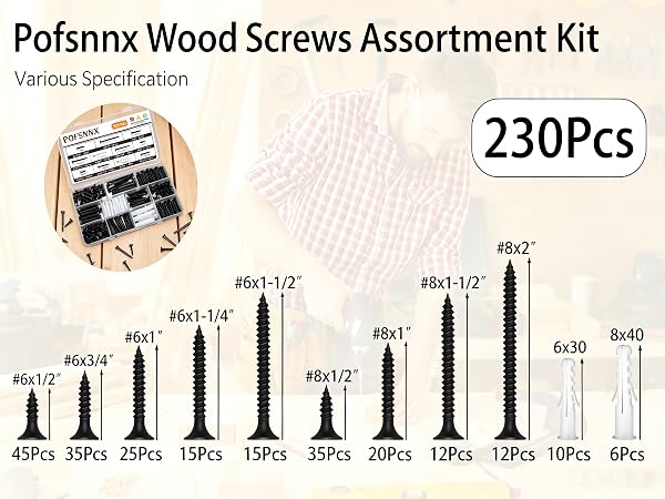230pcs #6 #8 zinc wood self tapping screws & wall anchors assorted size kit with storage case