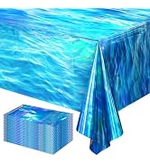 24 Pcs Iridescent Waves Tablecloths - Disposable Plastic Ocean Blue Table Cloth Rectangle Table C...
